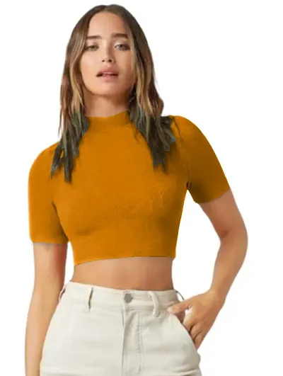 Casual Polyester Blend High Neck Short Sleeves Stylish Crop Top