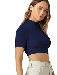 Casual Polyester Blend High Neck Short Sleeves Stylish Crop Top-thumb1