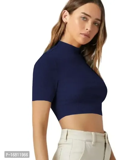 Casual Polyester Blend High Neck Short Sleeves Stylish Crop Top-thumb2