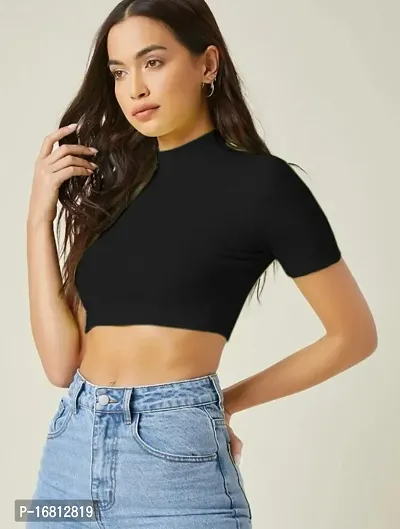 Casual Polyester Blend High Neck Short Sleeves Stylish Crop Top-thumb0