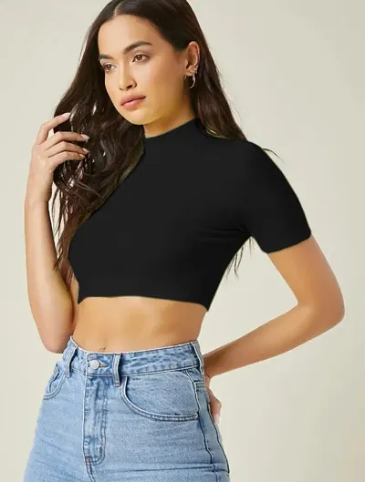 Casual Blend High Neck Short Sleeves Stylish Crop Top