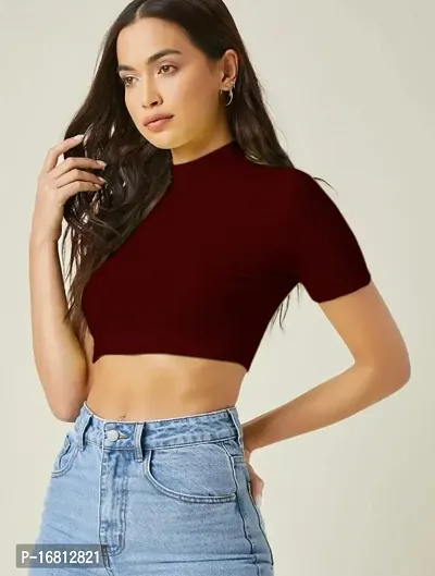 Casual Polyester Blend High Neck Short Sleeves Stylish Crop Top