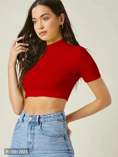 Casual Polyester Blend High Neck Short Sleeves Stylish Crop Top