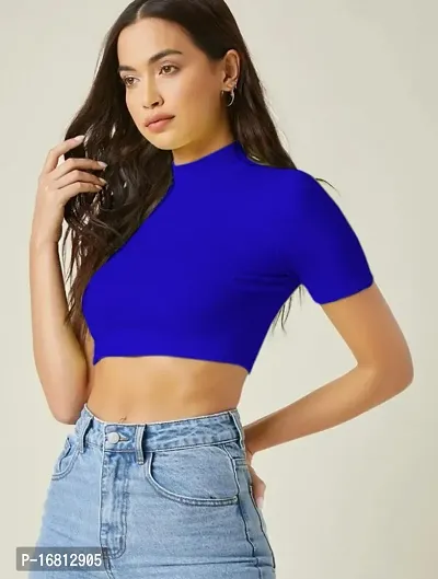 Casual Polyester Blend High Neck Short Sleeves Stylish Crop Top