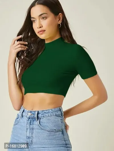 Casual Polyester Blend High Neck Short Sleeves Stylish Crop Top-thumb0