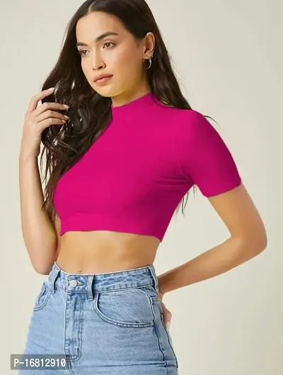 Casual Polyester Blend High Neck Short Sleeves Stylish Crop Top-thumb0