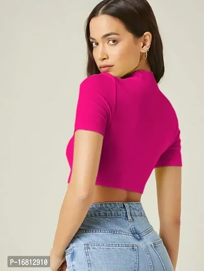 Casual Polyester Blend High Neck Short Sleeves Stylish Crop Top-thumb2