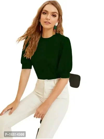 Casual Polyester Blend Round Neck Puff Sleeves Stylish Top-thumb0
