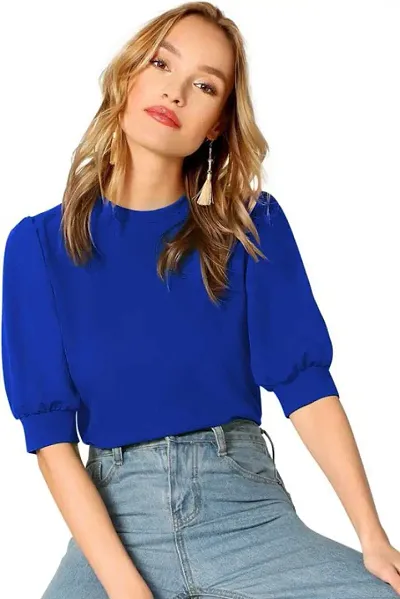 Rey Retails Women's Puff Sleeve Casual Solid Top Pullover Keyhole Back Blouse Blue