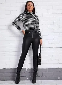 Casual Polyester Blend High Neck Full Sleeves Houndstooth Print Black Stylish Top (23Inches)-thumb1