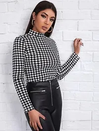 Casual Polyester Blend High Neck Full Sleeves Houndstooth Print Black Stylish Top (23Inches)-thumb2