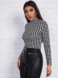 Casual Polyester Blend High Neck Full Sleeves Houndstooth Print Black Stylish Top (23Inches)-thumb3