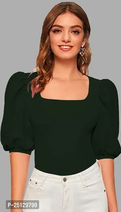 Casual Polyester Blend Square Neck Bishop Sleeves Solid Stylish Dark Green Top (23Inches)-thumb0