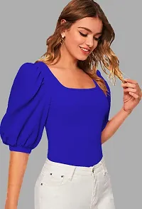 Casual Polyester Blend Square Neck Bishop Sleeves Solid Stylish Royal Blue Top (23Inches)-thumb3