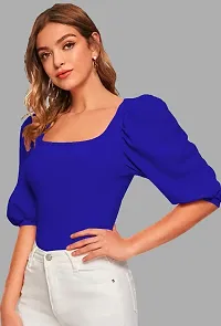 Casual Polyester Blend Square Neck Bishop Sleeves Solid Stylish Royal Blue Top (23Inches)-thumb2