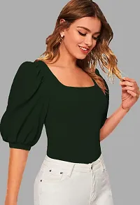 Casual Polyester Blend Square Neck Bishop Sleeves Solid Stylish Dark Green Top (23Inches)-thumb3