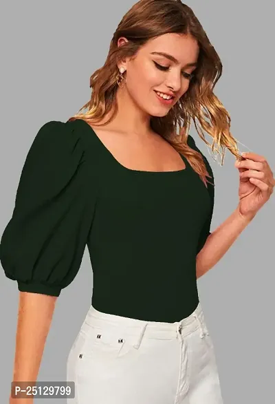 Casual Polyester Blend Square Neck Bishop Sleeves Solid Stylish Dark Green Top (23Inches)-thumb4