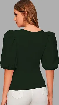Casual Polyester Blend Square Neck Bishop Sleeves Solid Stylish Dark Green Top (23Inches)-thumb4