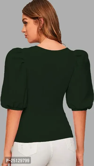 Casual Polyester Blend Square Neck Bishop Sleeves Solid Stylish Dark Green Top (23Inches)-thumb5