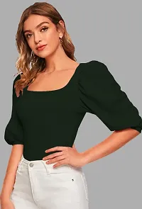 Casual Polyester Blend Square Neck Bishop Sleeves Solid Stylish Dark Green Top (23Inches)-thumb2
