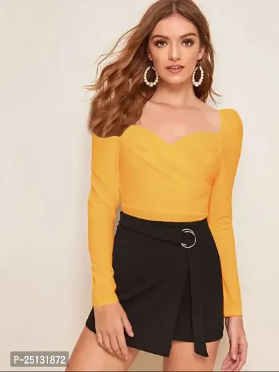 Casual Polyester Blend Sweetheart Neck Puff Sleeves Solid Stylish Yellow Top (23Inches)-thumb0