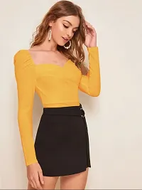 Casual Polyester Blend Sweetheart Neck Puff Sleeves Solid Stylish Yellow Top (23Inches)-thumb4