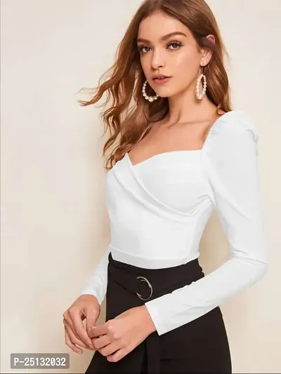 Casual Polyester Blend Sweetheart Neck Puff Sleeves Solid Stylish White Top (23Inches)-thumb3