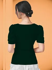 Casual Polyester Blend Puff Sleeves Asymmrtrical Neck Dark Green Stylish Top (23 inches)-thumb1