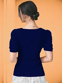 Casual Polyester Blend Puff Sleeves Asymmrtrical Neck Navy Blue Stylish Top (23 inches)-thumb1