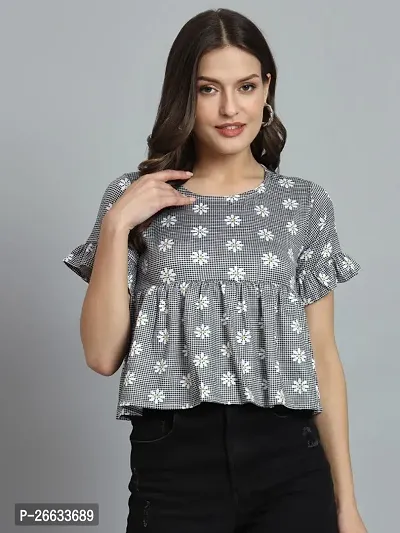 Casual Polyester Blend Round Neck Half Sleeves Floral Printed Grey Stylish Top (23 inches)