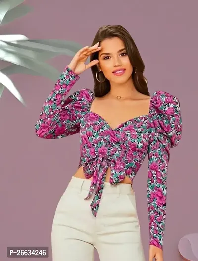 Casual Polyester Blend V-Neck Full Sleeves Floral Printed Pink Stylish Crop Top (17 inches)-thumb0