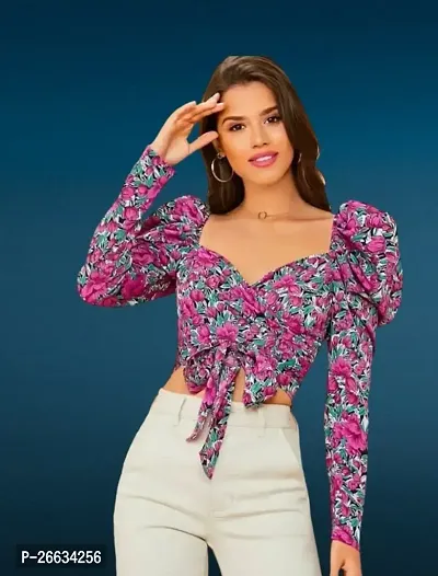 Casual Polyester Blend V-Neck Full Sleeves Floral Printed Pink Stylish Crop Top