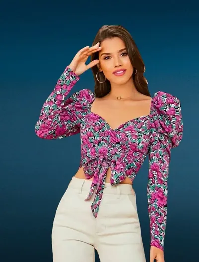 Casual Blend V-Neck Full Sleeves Floral Stylish Crop Top (17 inches)