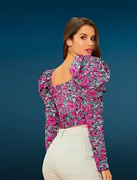 Casual Polyester Blend V-Neck Full Sleeves Floral Printed Pink Stylish Crop Top-thumb1