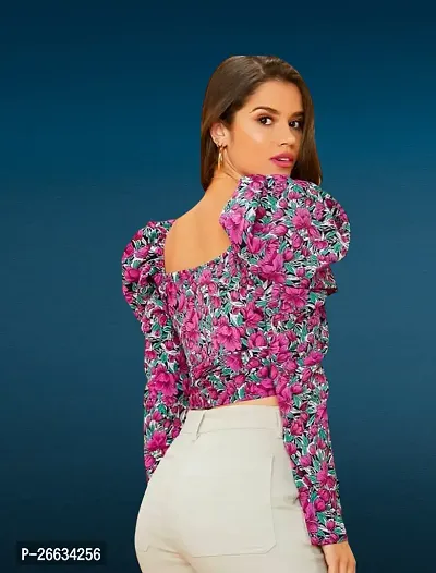 Casual Polyester Blend V-Neck Full Sleeves Floral Printed Pink Stylish Crop Top-thumb2