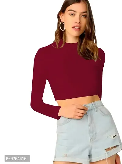 Women Polyester Blend Round Neck Full Sleeves Stylish Crop Top