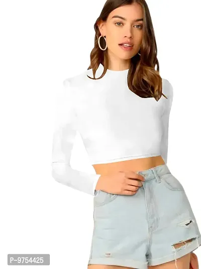 Women Polyester Blend Round Neck Full Sleeves Stylish Crop Top