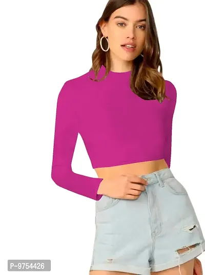 Women Polyester Blend Round Neck Full Sleeves Stylish Crop Top