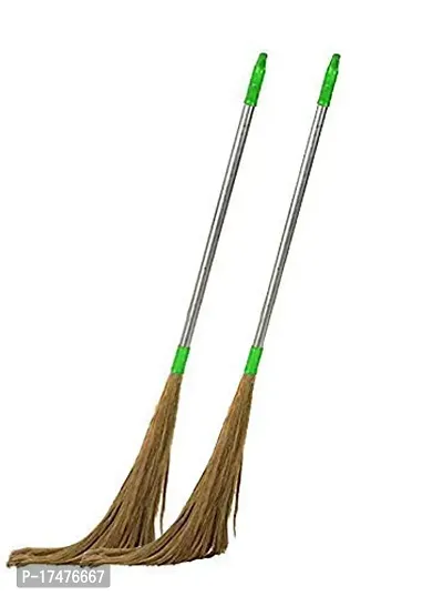 Premium Quality Broom Stick With Long Steel Handle, Soft Grass Broom Stick For Home ,Pantry, Office Cleaning (Pack Of 2, Hard_Floor, Alloy_Steel)-thumb0