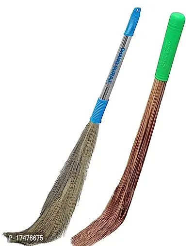 Premium Quality Broom Stick For Home Cleaning Combo - 1 Hard  1 Soft Brooms (Pack Of 2, Medium Size, Multicolor)-thumb0