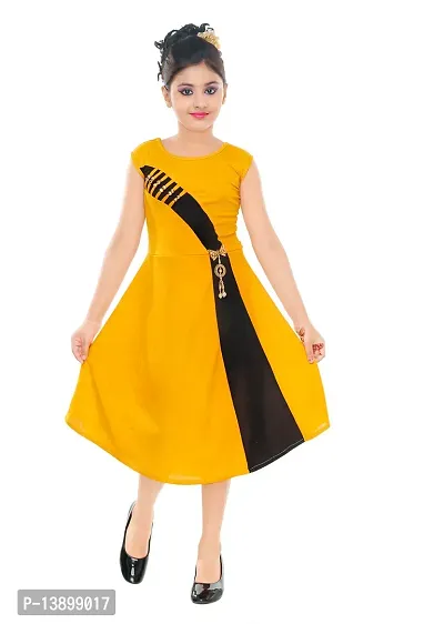 Fabulous Golden Yellow Cotton Blend Stylish  A-Line Dress For Girls-thumb0