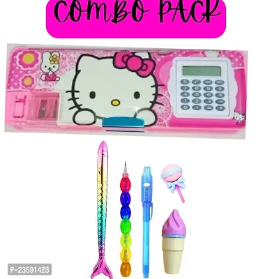 NEW HELLO KITTY CALCULATOR PENCIL BOX WITH CUTE STATIONERY ITEMS BEAUTIFUL PENS AND 1 SOFETY HIGHLIGHTER