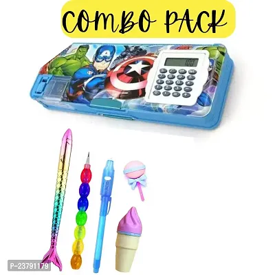 NEW AVENGERS CALCULATOR PENCIL BOX WITH BEAUTIFUL FISH PEN AND BEAUTIFUL PENS AND HIGHLIGHTER