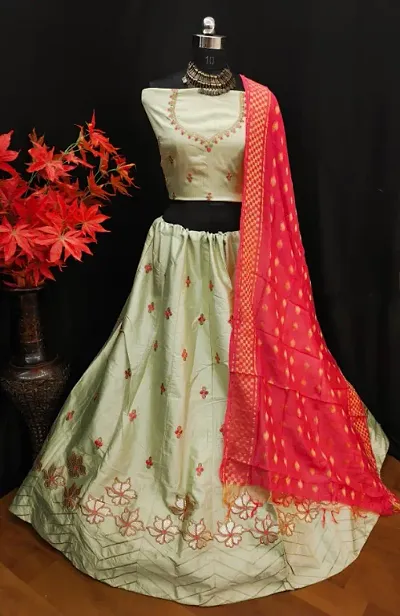 Fancy Womens Satin Silk Embroidered Lehenga Choli