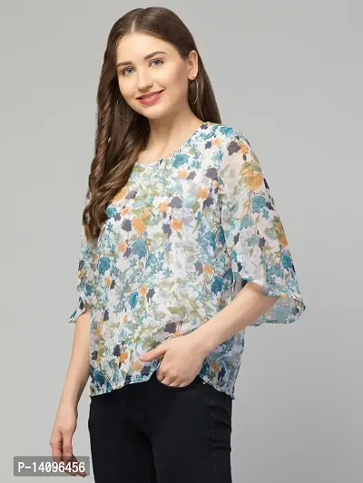 Women Blue Color Floral Print Round Neck Casual Top