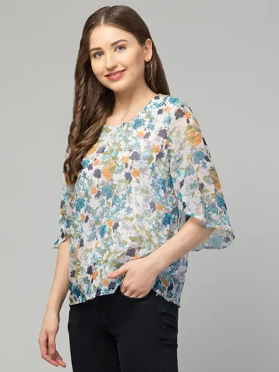 Women Color Floral Print Round Neck Casual Top