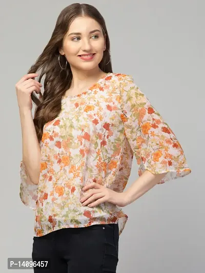 Women Orange Color Floral Print Regular Fit Round Neck Top