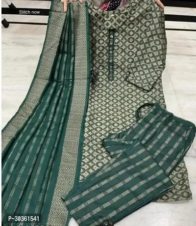 Stylish Green Khadi Cotton Printed Kurta With Pant And Dupatta Set For Women