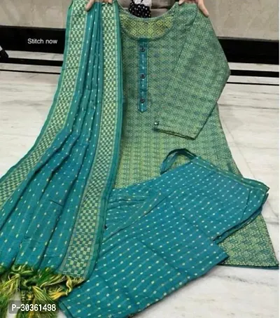 Stylish Green Khadi Cotton Printed Kurta With Pant And Dupatta Set For Women-thumb0