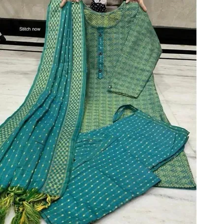 Stylish Khadi Cotton Self Pattern Kurta Bottom Dupatta Set